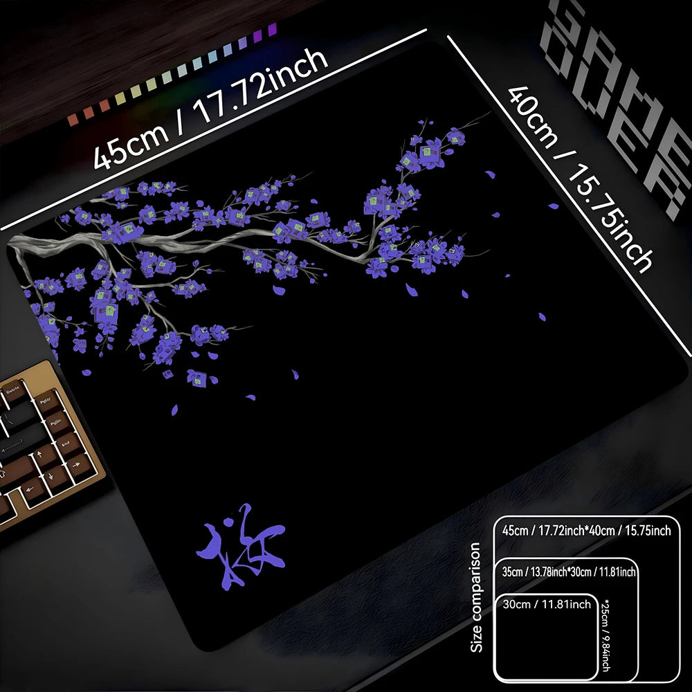 A black gaming mouse pad featuring a delicate purple cherry blossom branch design on a dark surface.