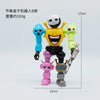 A set of five colorful robot figures, including a yellow face robot and several other jointed models, displayed against a whi