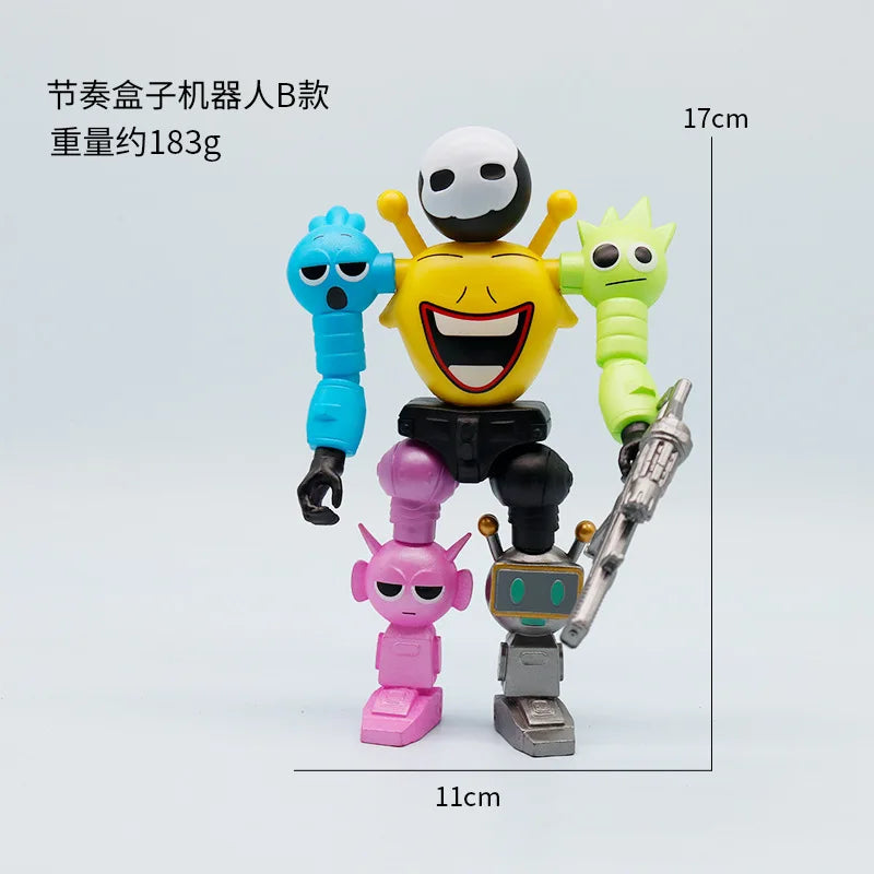 A set of five colorful robot figures, including a yellow face robot and several other jointed models, displayed against a whi