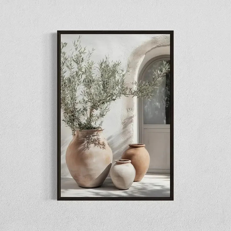 Botanical canvas wall art featuring an olive tree in a terracotta vase with natural light.