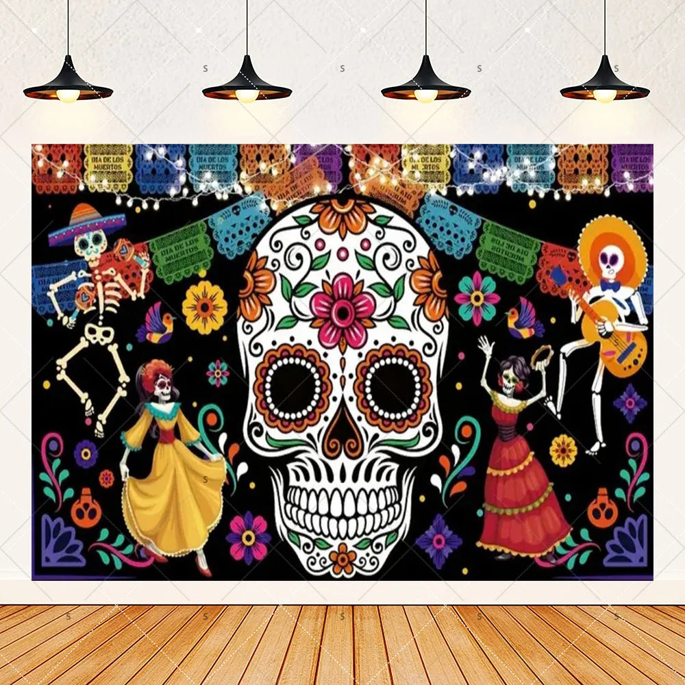 A vibrant Day of the Dead fiesta photo backdrop featuring a large white floral skull design with colorful decorations.