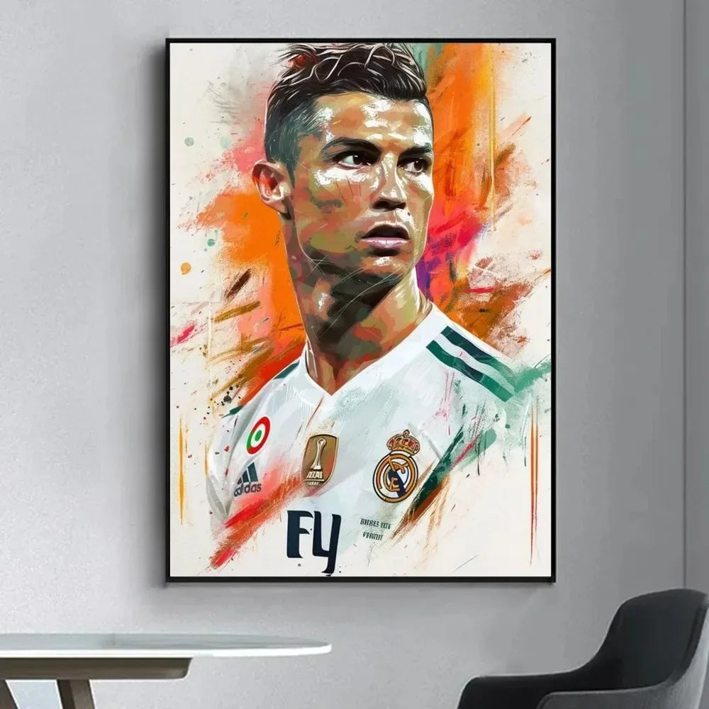 A painting of a male football player in a white jersey with green stripes, rendered in vibrant orange and yellow brushstrokes