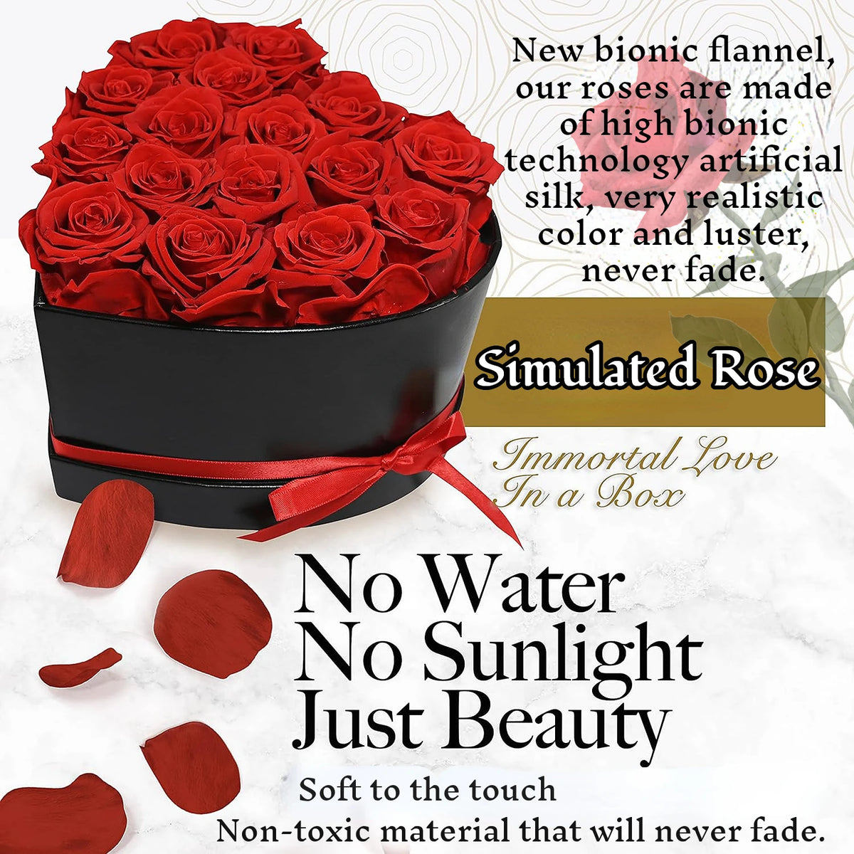 A box of simulated red roses with a red ribbon and text promoting eternal love and beauty.