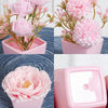 Three pink artificial roses in small pots shown from different angles