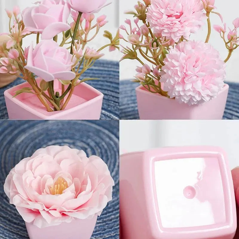 Three pink artificial roses in small pots shown from different angles