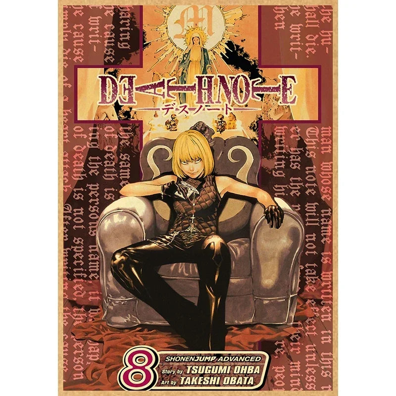 A vintage anime canvas wall art featuring a character in a dark outfit sitting on a couch with a Death Note logo and text.