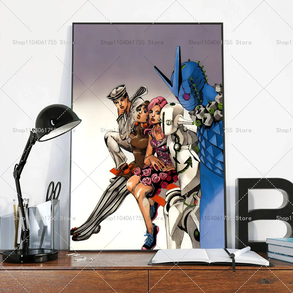 Anime poster featuring characters from JoJo's Bizarre Adventure in a dynamic pose