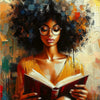 A portrait of an African American woman with dark curly hair wearing glasses and reading a book, rendered in vibrant oil pain