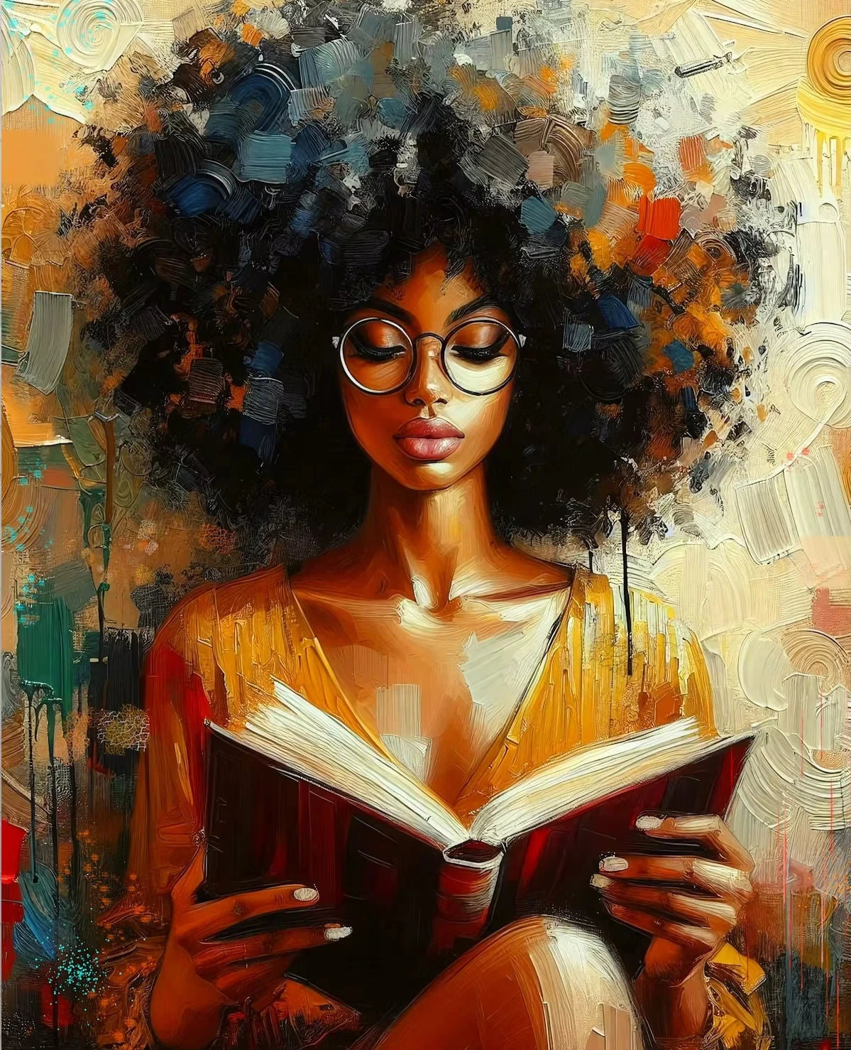 A portrait of an African American woman with dark curly hair wearing glasses and reading a book, rendered in vibrant oil pain