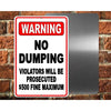 A rectangular red and white warning sign stating NO DUMPING and penalties for violators, mounted on a metal plate against a b
