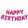 A string of pink letter foil balloons spelling out Happy Birthday for party decoration