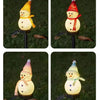 Four images of solar powered outdoor Christmas snowman lights in various colors and angles.