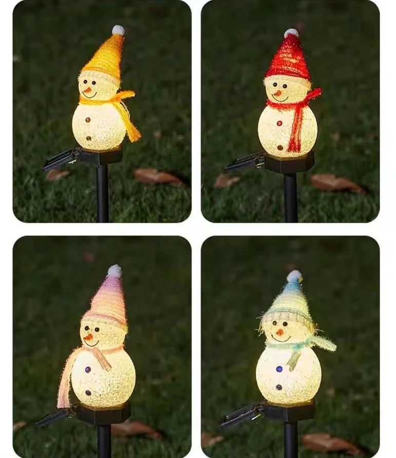 Four images of solar powered outdoor Christmas snowman lights in various colors and angles.