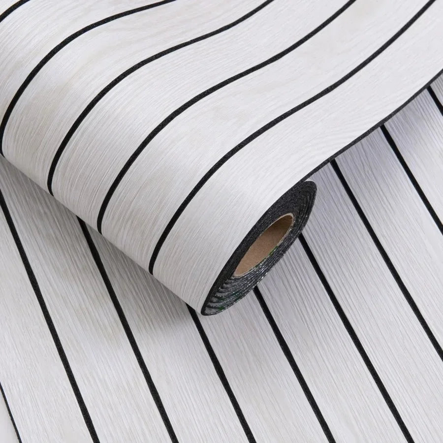 Roll of self-adhesive 3D wood grain wall panels with black stripes shown from the side