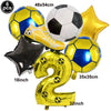 Un ensemble de six ballons de football jaune et bleu, incluant un ballon, une chaussure de football et un grand numéro 2 or.