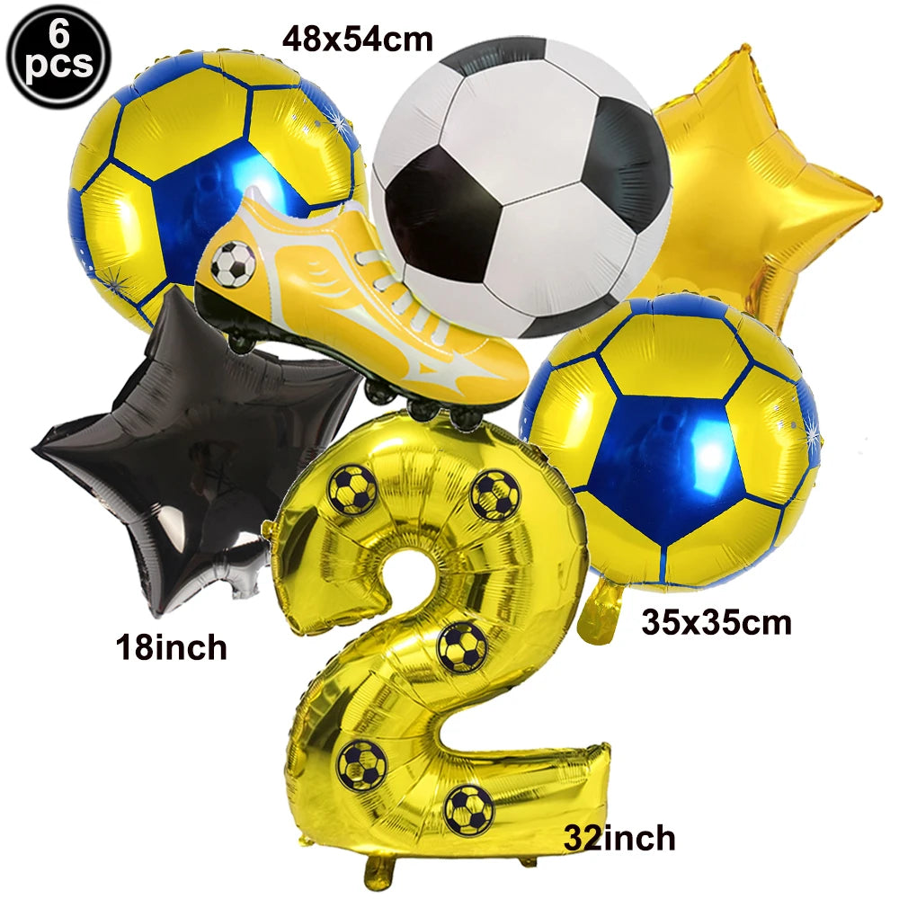 Un ensemble de six ballons de football jaune et bleu, incluant un ballon, une chaussure de football et un grand numéro 2 or.