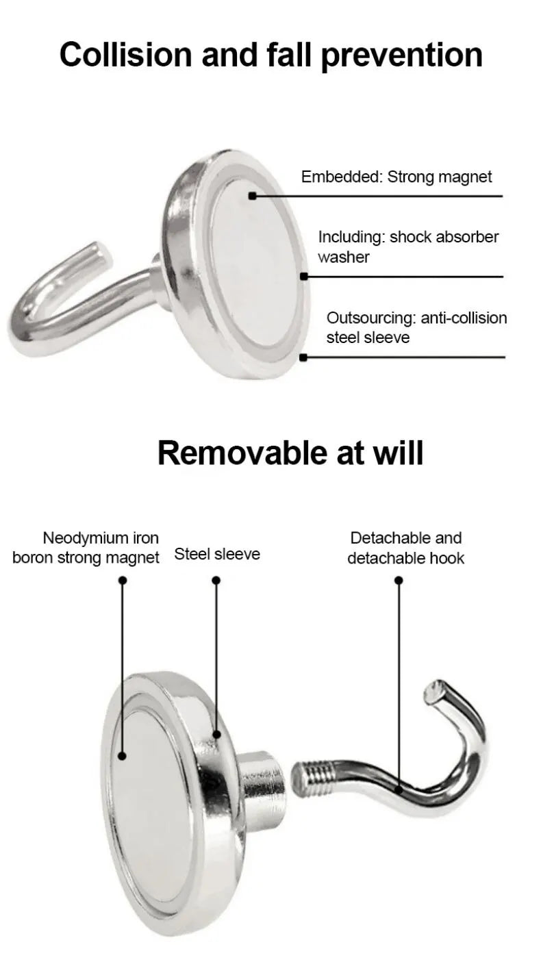 A close-up view of a silver magnetic hook with a detachable steel sleeve and a hook, demonstrating collision and fall prevent