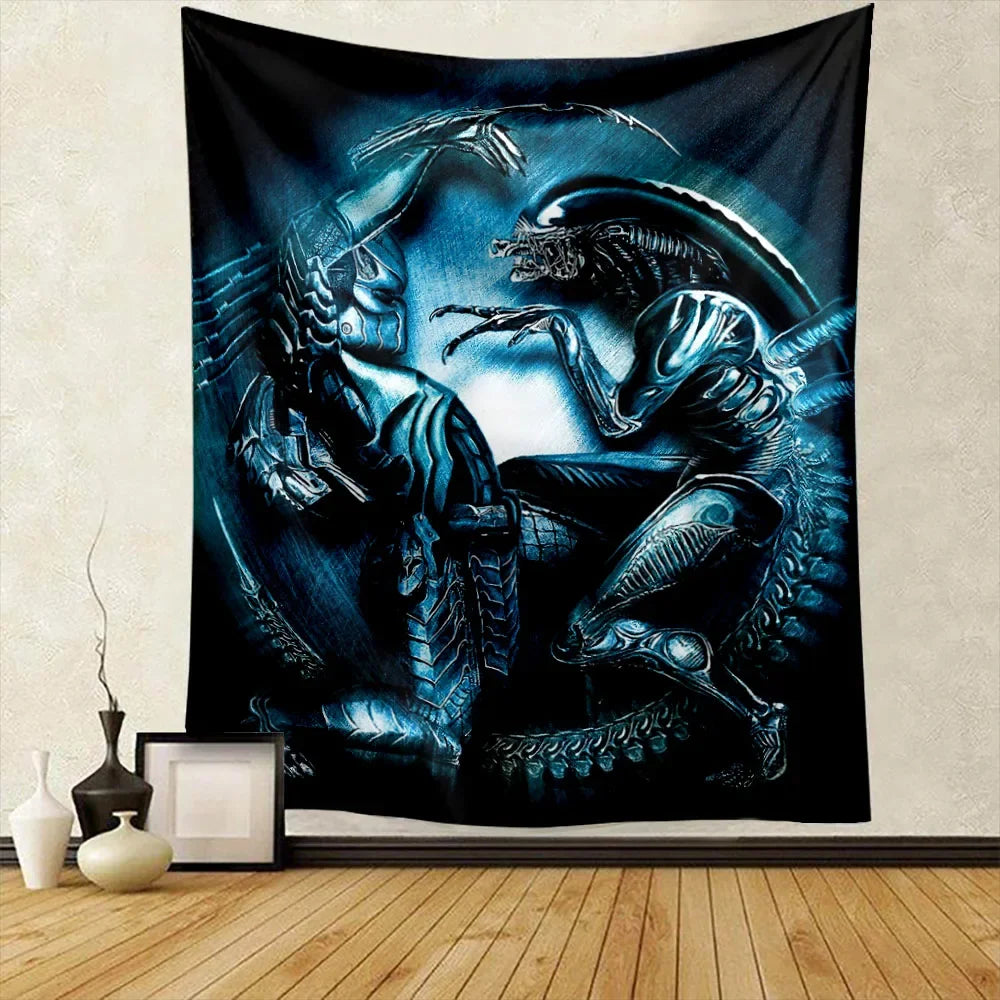 A dark blue and black tapestry featuring an aggressive alien predator design for Halloween decor.