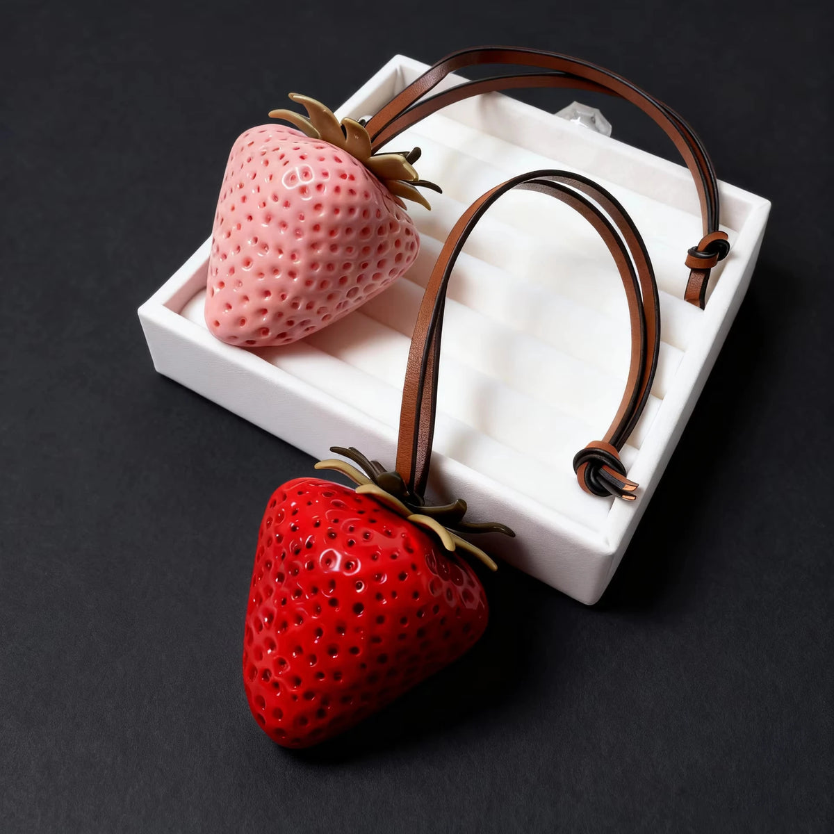 A pink strawberry charm is displayed on a white tray with a brown leather strap, next to a red strawberry.