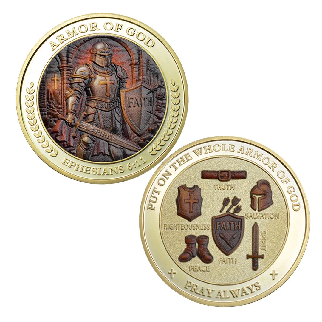 Gold plated coin featuring the Armor of God theme with Ephesians 6:11 text and symbols.