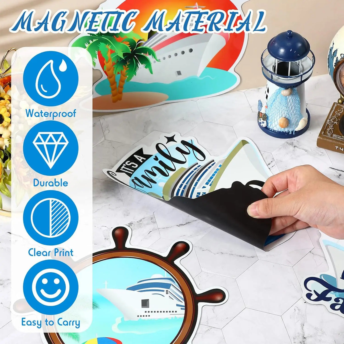 A set of large magnetic cruise door decorations featuring a white ship design and various quality claims like waterproof, dur