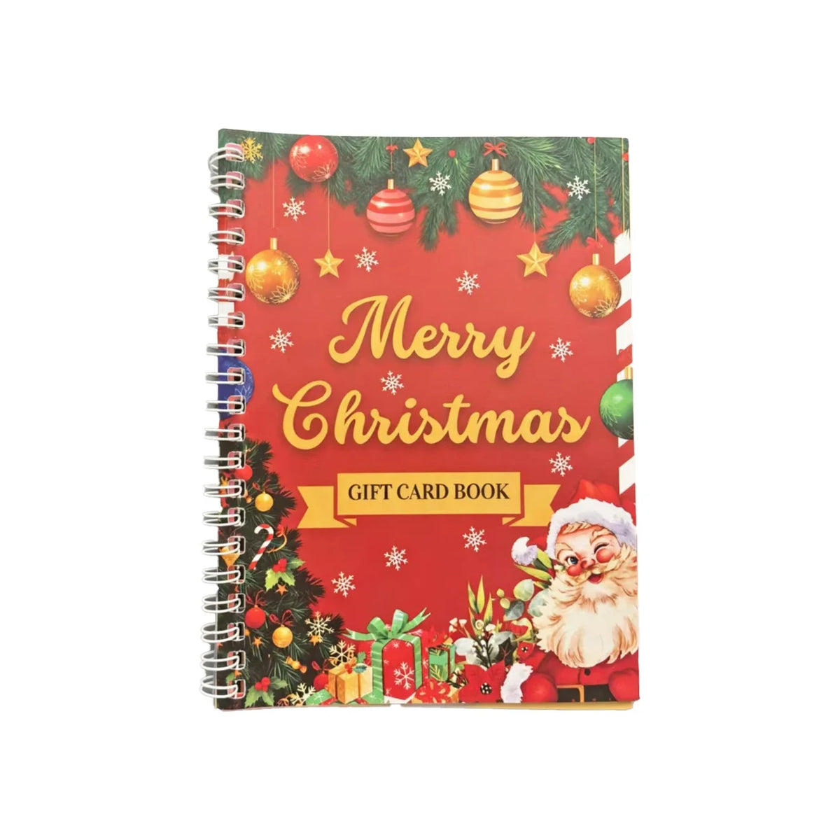 A red spiral bound gift card book decorated with Christmas elements like holly, stars, and ornaments.