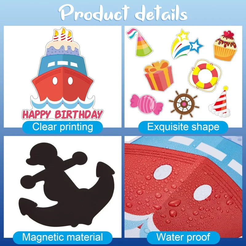 A set of magnetic birthday cruise door magnets featuring a ship design and other shapes, made of waterproof material.