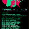 A black poster featuring a stylized female face in pink and green against a map of the United States, listing various dates a