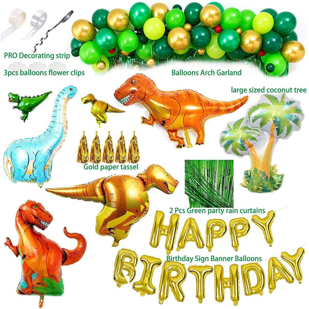 A collection of dinosaur-themed party decorations including foil balloons, a balloon arch garland, and green tinsel curtains.