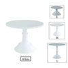 White metal cake stand with three sizes labeled S, M, and L