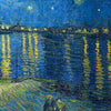 A vibrant oil painting depicting a night landscape with reflections on water and a shoreline.