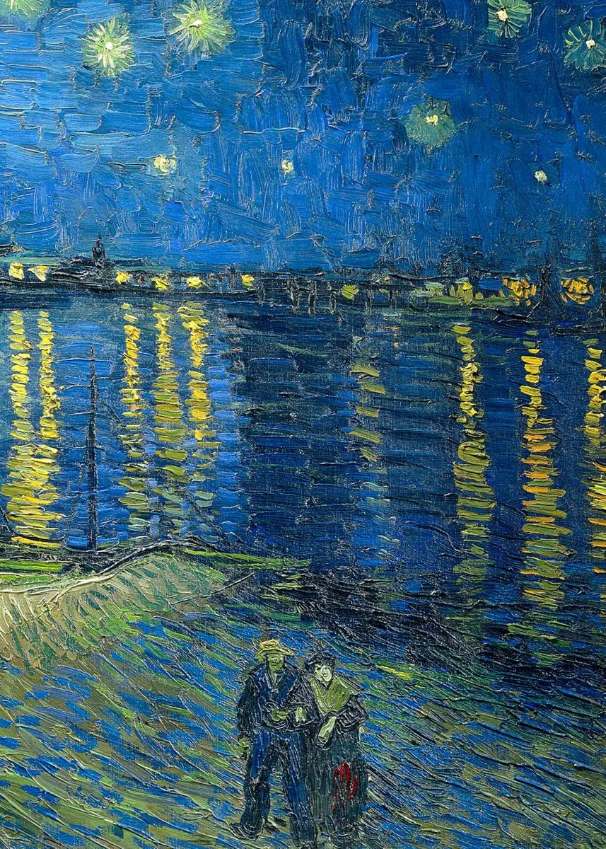 A vibrant oil painting depicting a night landscape with reflections on water and a shoreline.