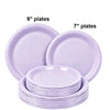 A set of purple disposable paper plates, including 7 inch and 9 inch round plates.