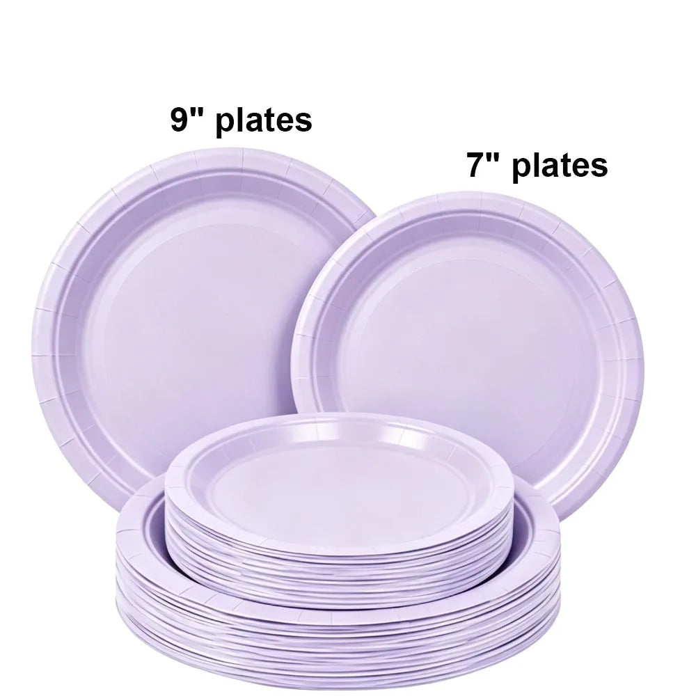 A set of purple disposable paper plates, including 7 inch and 9 inch round plates.
