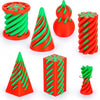 A set of red and green 3D printed spiral fidget toys in various shapes including cones and cylinders.
