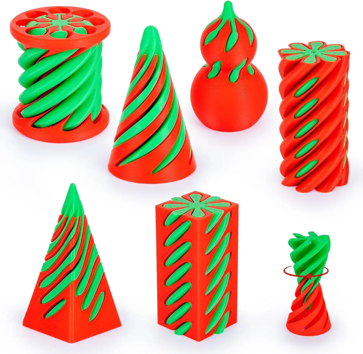 A set of red and green 3D printed spiral fidget toys in various shapes including cones and cylinders.