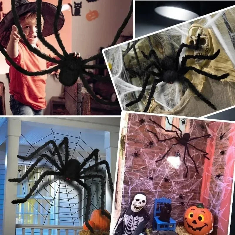 A child holds a large black spider decoration in a Halloween setting with a background of brick and spooky elements.
