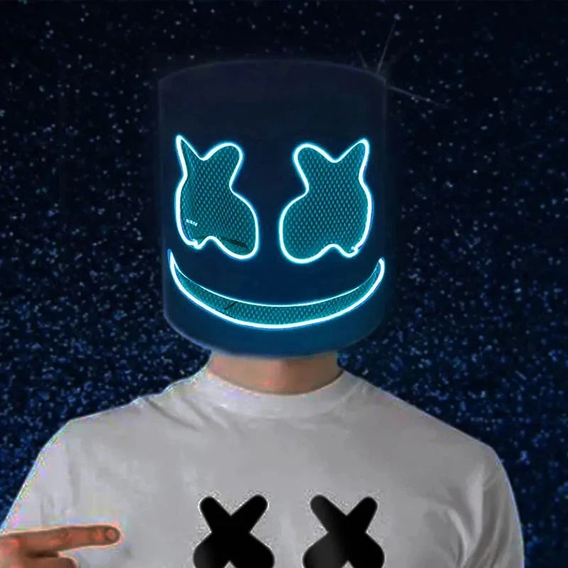 A person wearing a glowing blue neon LED party mask with a smiling face against a dark, starry background.