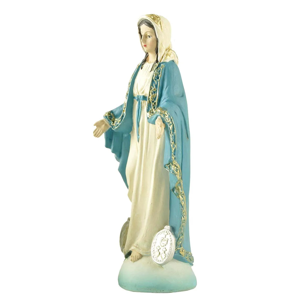 A statue of the Blessed Mother Our Lady of Grace with a Miraculous Medal, dressed in blue and white robes.