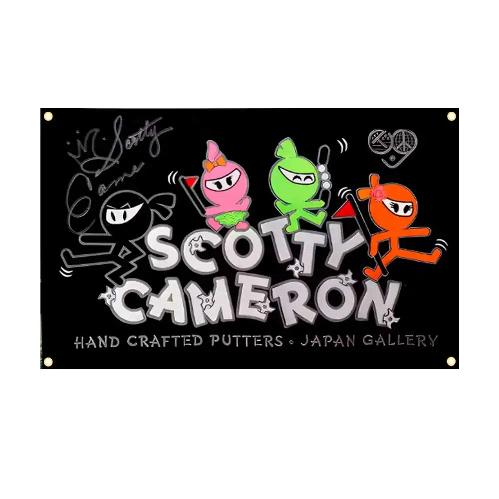 A black banner featuring cartoon characters and the text SCOTTY CAMERON with a hand-crafted putters gallery credit.