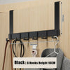 Black heavy duty aluminum door hooks with 6 capacity mounted on a wooden surface