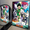 A framed canvas wall art featuring characters from Hunter x Hunter anime in vibrant colors and dynamic poses.