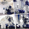 A navy blue and silver balloon garland arch kit featuring balloons and a crown decoration.