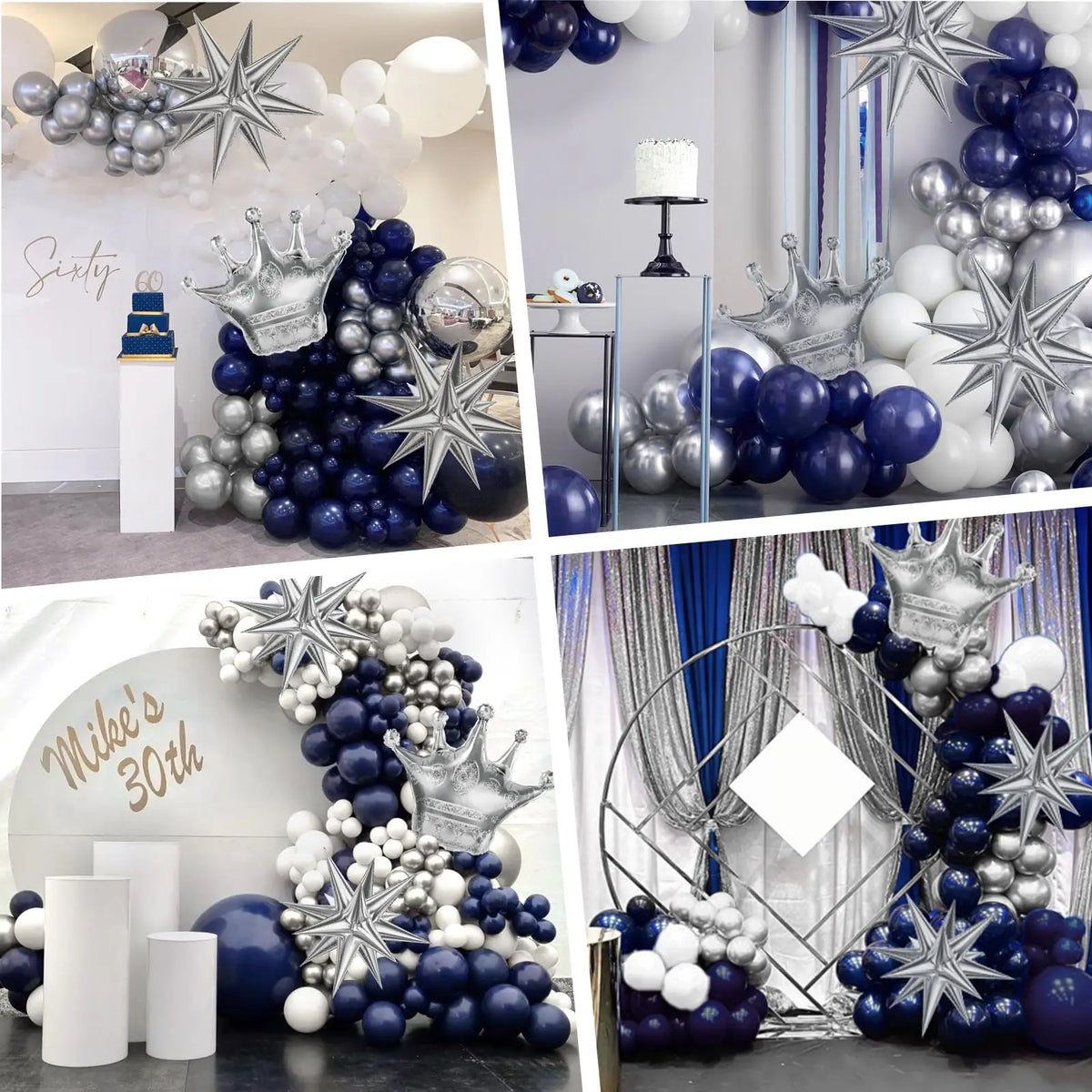 A navy blue and silver balloon garland arch kit featuring balloons and a crown decoration.