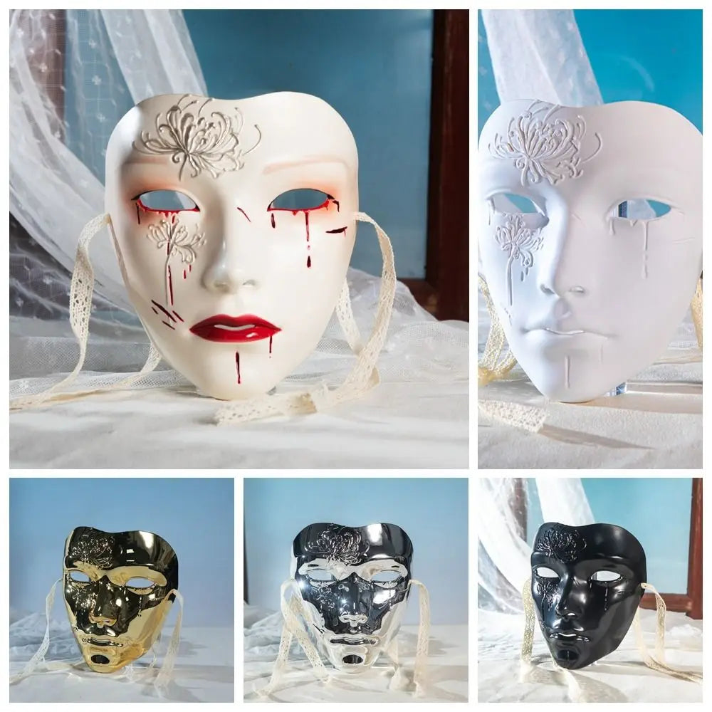 A set of ancient style masquerade masks featuring Hanfu-inspired designs in white, gold, and black finishes.