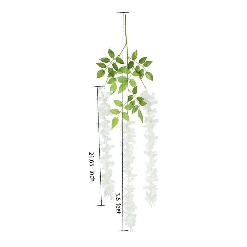 Illustration verticale d'une guirlande de fleurs de wisteria artificielles avec des feuilles vertes et des fleurs blanches.