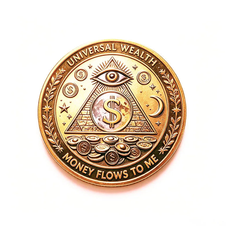 A round gold coin featuring an eye design and dollar sign, with text reading Universal Wealth and Money Flows to Me.