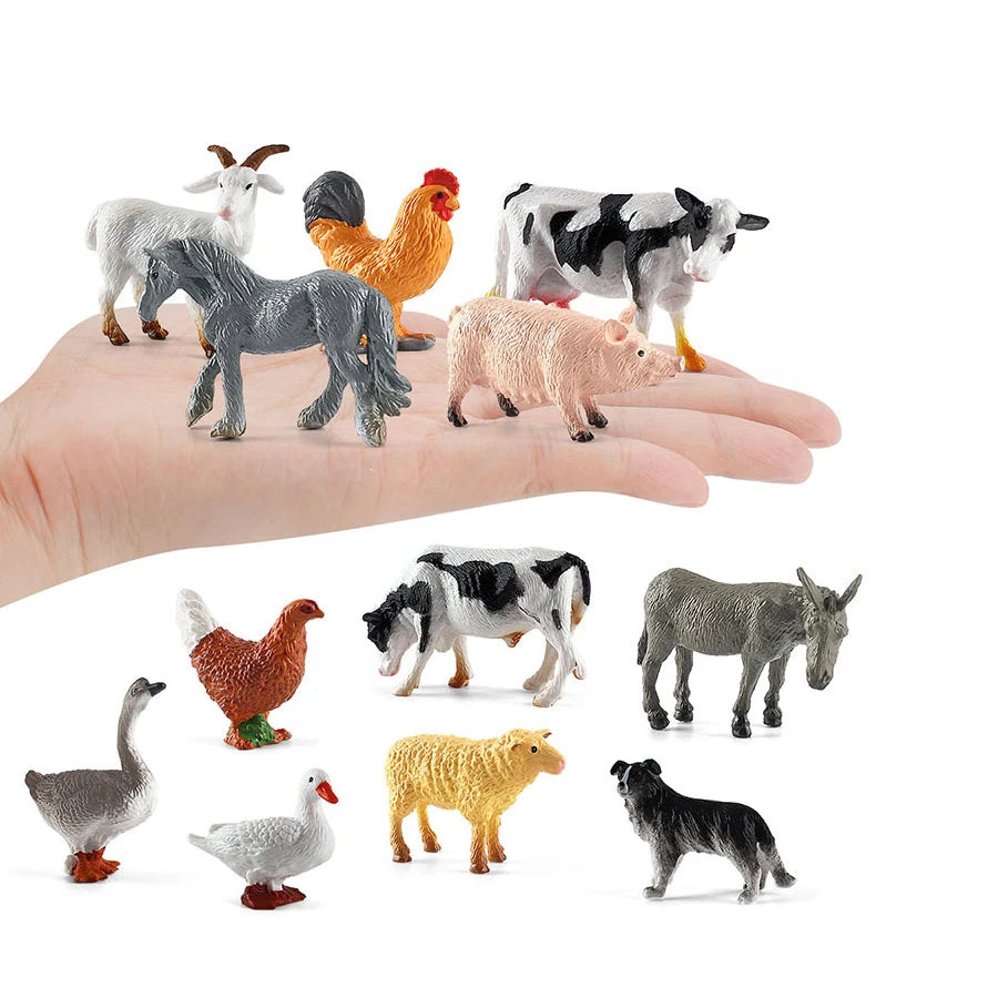 A hand holds a set of 12 detailed PVC farm animal figurines including poultry and horse models.