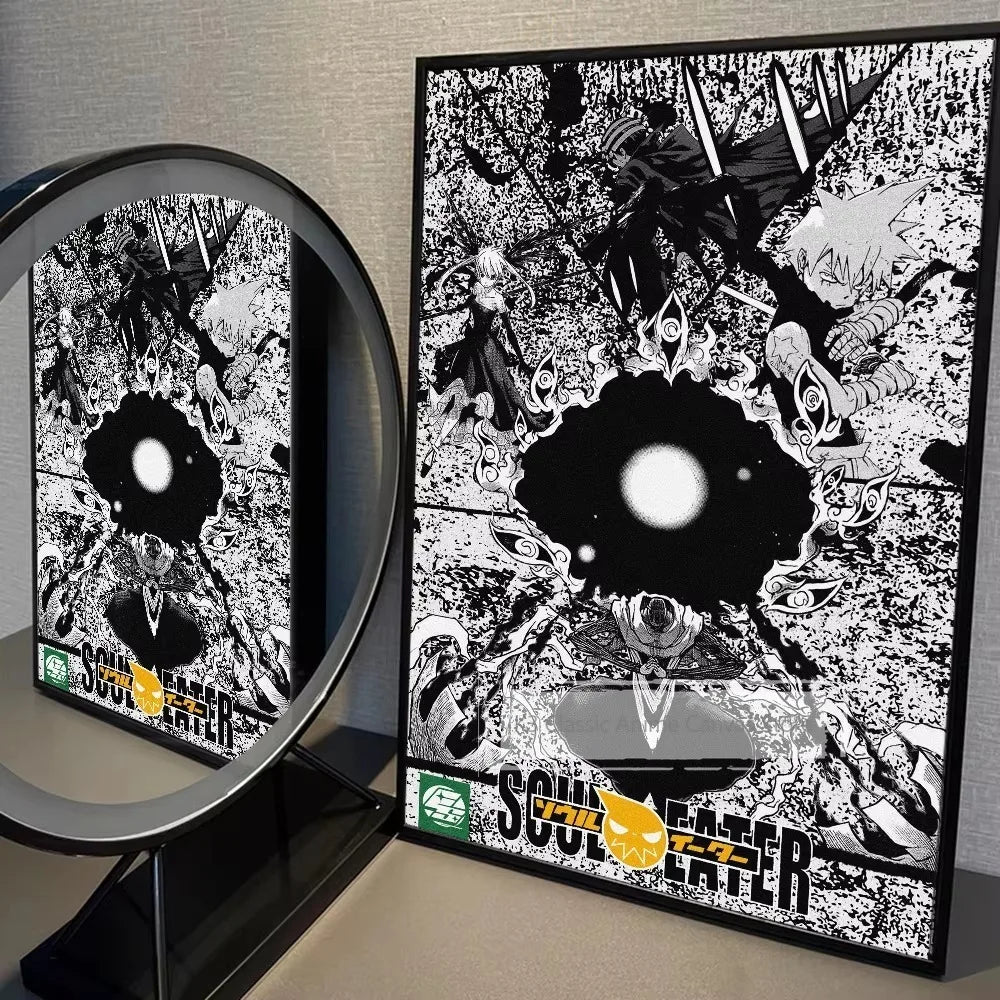 A framed black and white poster featuring characters from Soul Eater anime art