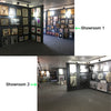 Interior view of two art showrooms displaying framed and unframed canvas prints and wall art décor.